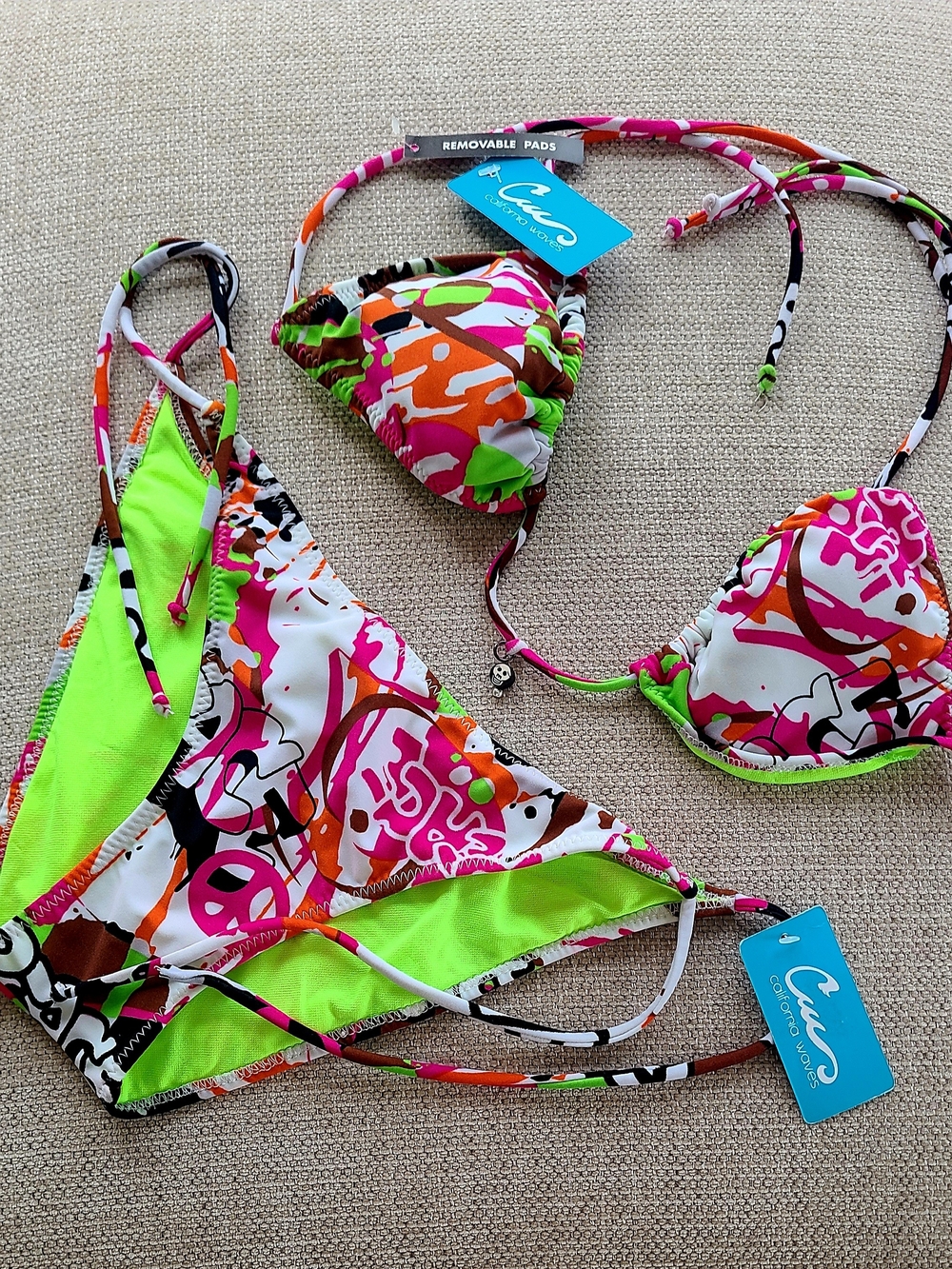 California Waves Neon Lime Pink Orange Graffiti Triangle Bikini